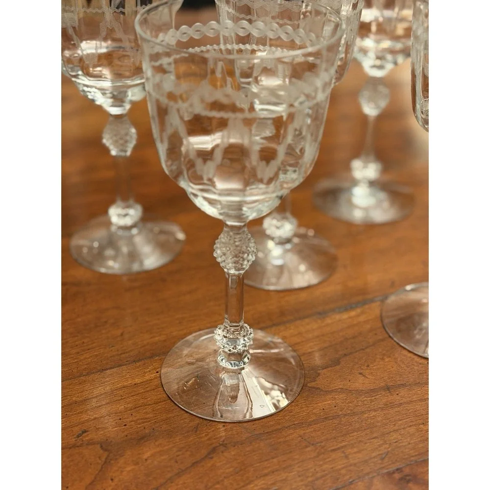 Set of 5 Fostoria Glass Castle Geometric‎ Needle Etch #87 Water Goblets 7.5
